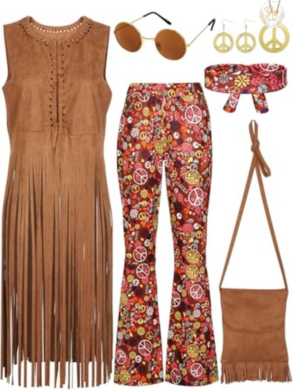 7pc 70s Hippie Costume Fringe Vest Bag Pants Headband Disco Party